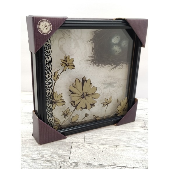 Dimensional Glass Plaque Bird Nest Flowers Black Frame Wall Art Decor NEW   (F8) - Picture 1 of 11